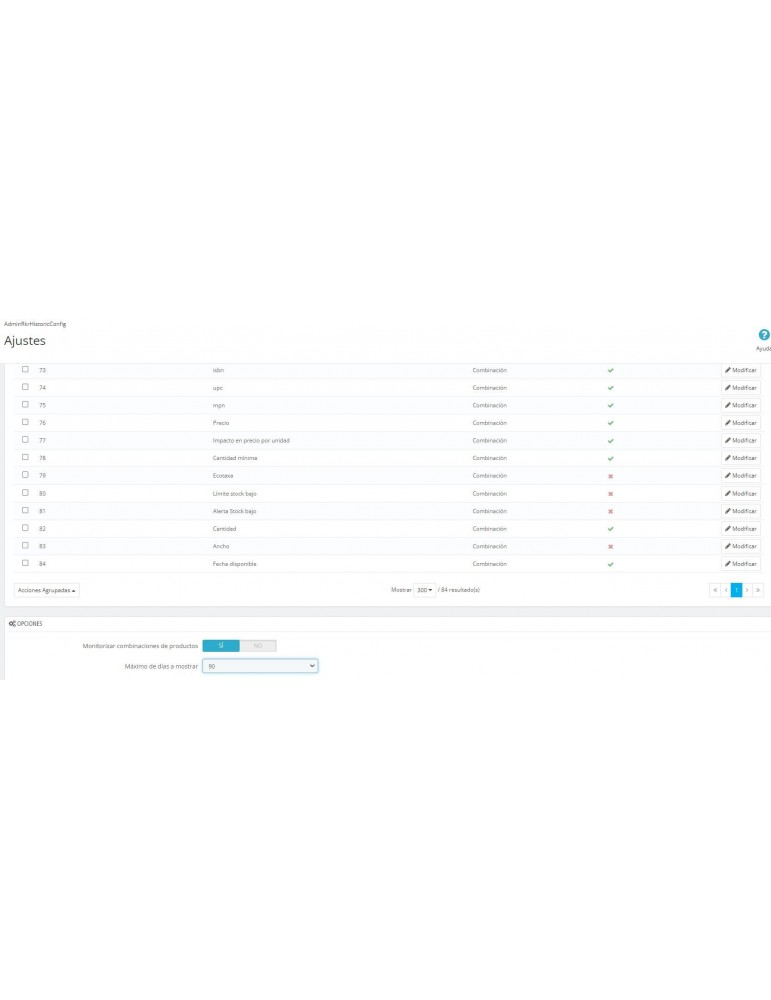 Módulo histórico de cambios de productos en backoffice