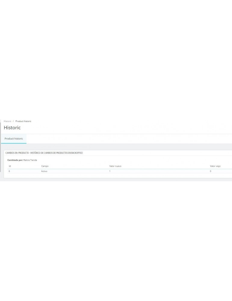 Módulo histórico de cambios de productos en backoffice