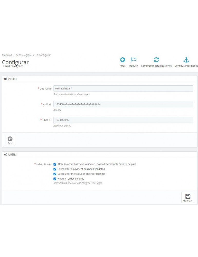 Ejemplo de configuración módulo avisos de pedidos en telegram