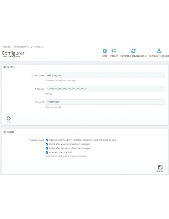Ejemplo de configuración módulo avisos de pedidos en telegram